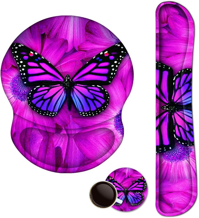 ARTSO Ergonomic Mouse Pad with Wrist Rest, Comfortable Keyboard Wrist Rest, Memory Foam Mousepad for Computer Keyboard, Mouse Pad Set for Easy Typing & Comfort, Purple Butterfly
