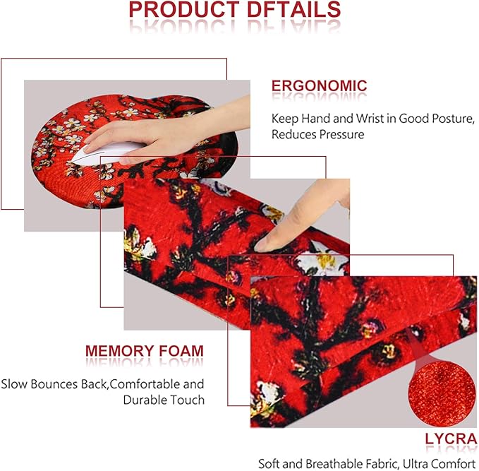 ArtSo Upgraded Wrist Rest Support for Mouse Pad & Keyboard, Ergonomic Gel Mousepad Non-Slip Rubber Base Home, Office Wrist Support, Easy Typing Cushion Neoprene, Soft Memory Foam, Red Van Gogh Painting