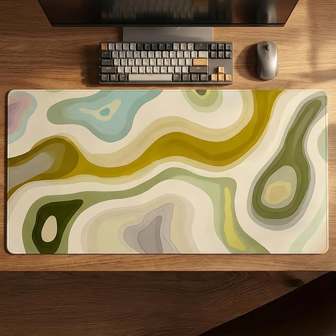 AQQA Large Gaming Mouse Pad 31.5x15.7 Inch, Abstract Desk Mat with Non-Slip Base & Stitched Edge, Green Cute Keyboard Mat for PC Desktop, Office Home Decor, Modern Colorful Design