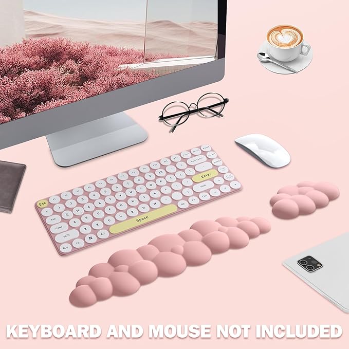 Cloud Keyboard Wrist Rest Mouse Pad Set, PU Leather Memory Foam Wrist Cushion Support, Mouse Wrist Pad, Non-Slip Wrist Support for Home, Office, Light Pink Cloud