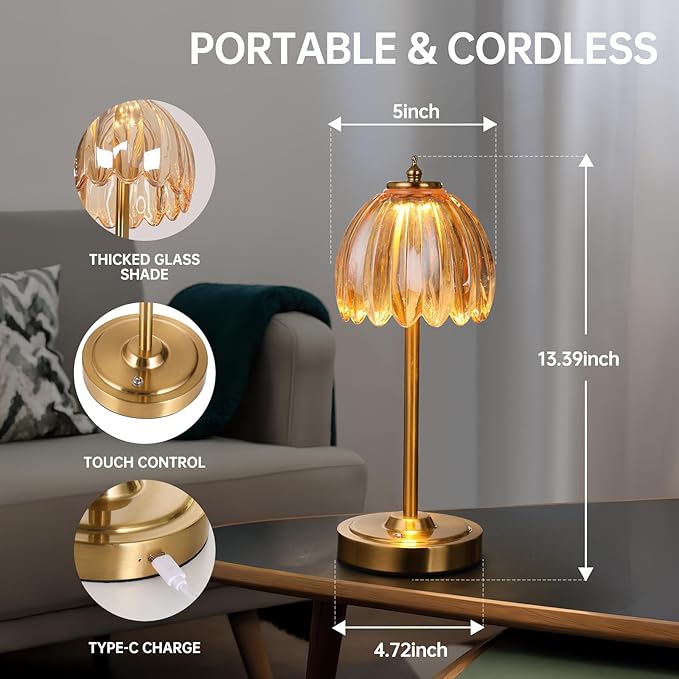 Set of 2 Tulip Table Lamp with 5000mAh Battery & Touch Control, Cordless Table Lamp with 3 Colors, Dimmable Rechargeable Table Lamps for Bedroom, Living Room, Entryways (Amber Tulip)