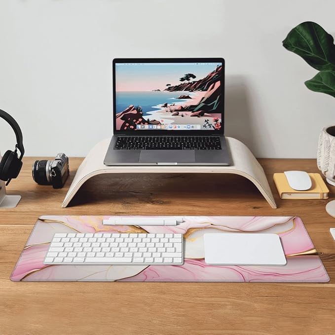 Desk Pad,Office Desk Mat 31.5"×11.8" Large Gaming Mouse Pad,Durable Extended Computer Mouse Pad,Waterproof Thick Big Mouse Pads with Non-Slip Rubber Base Office Home Pink Gold Marble