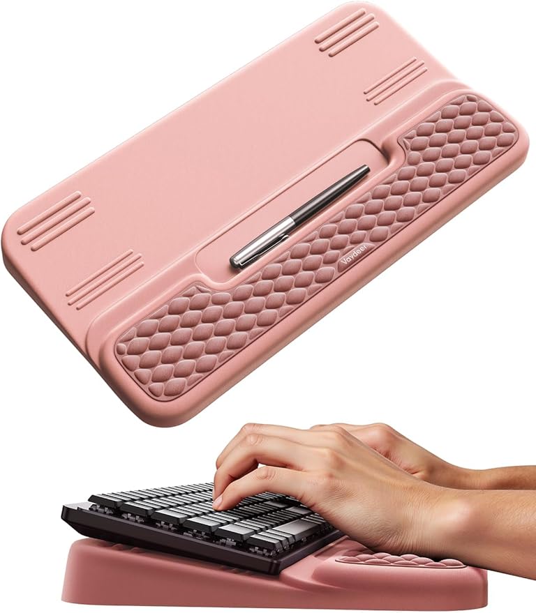 Vaydeer Wrist Rest with Keyboard Stand, Computer Wrist Support Pad, Ergonomic Keyboard Riser Holder Lift Tray with Wrist Pad, Soft Memory Foam Desk Cushion, Palm Hand Typing for Office Home Gift-Pink