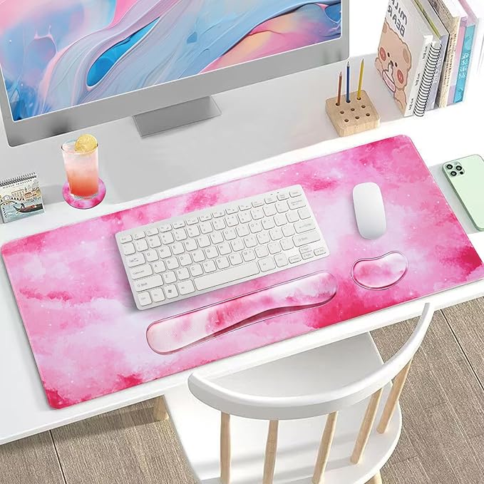 Bloss Pink Mouse Pad+Wrist Rest, 4-in-1 Larg Desk Pad Mat, Anti-Slip Keyboard Pad, Gaming Mouse Pad, Cute Desk Accessories for Keyboard and Mouse-Pink Clouds (31.5 x 15.7 Inches)