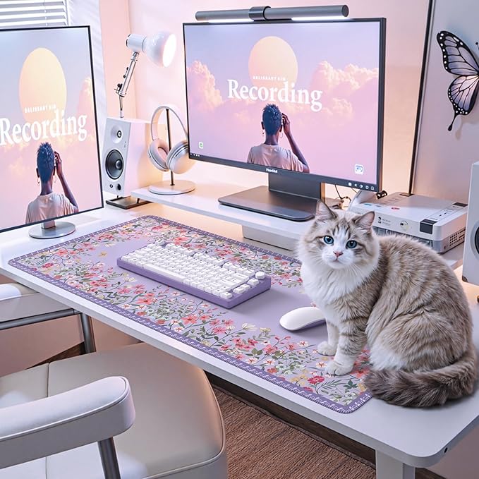iCasso Desk Mat for Keyboard and Mouse,Cute Desk Pad Large,Anti-Slip Floral Computer Mat for Women,Girly Gaming Mouse Pad for Home Office (Purple)