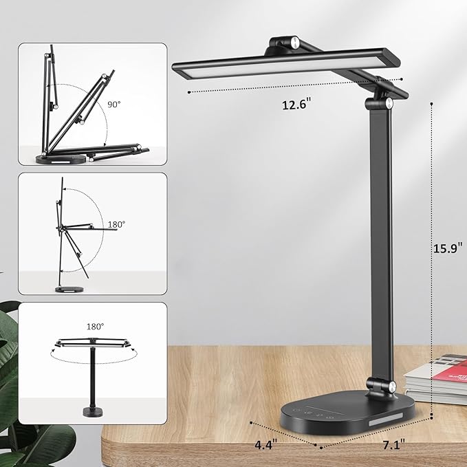 LED Desk Lamp Touch Desk Lamps with 5 Levels Brightness, Dimmable Office Reading Lamp with Adjustable Arm Foldable Table Desk Lamp for Bedroom Bedside Office Study, 3000-6500K(Black)