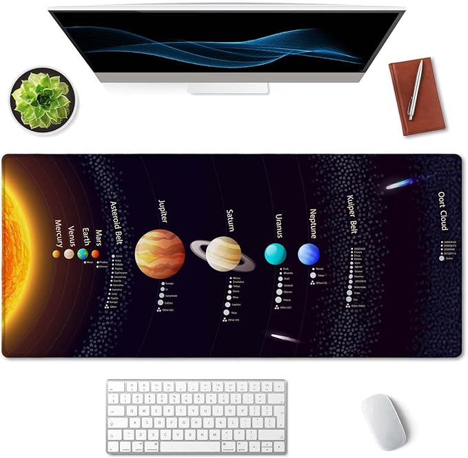 SSOIU Extended Gaming Mouse Pad XXL ArtSo Large Keyboard Mat Long Mousepad Desk Decor Writing Pad Non Slip Rubber Base Stitched Edges for Work, 35.5" x 15.7", Solar System with Scientific Information