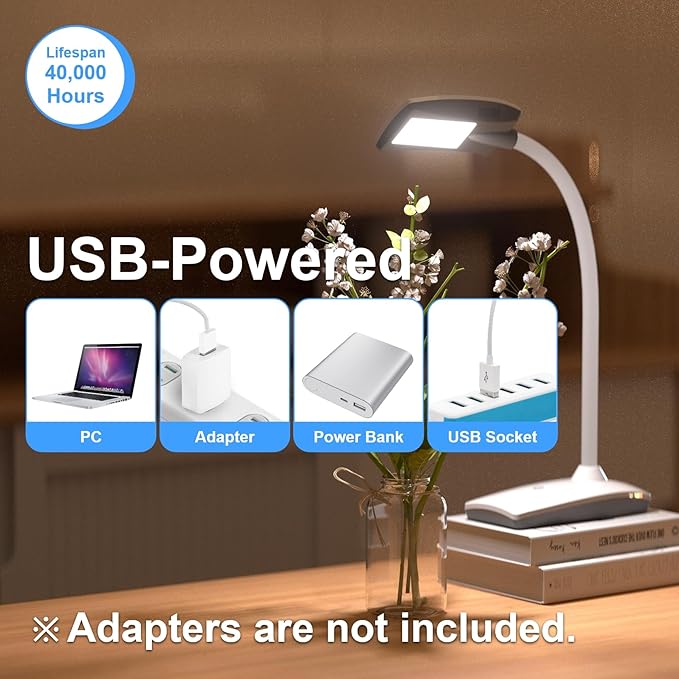 LED Desk Lamp 3 Brightness Dimmable Eye-Caring White Table Lamp Flexible Gooseneck Touch Desk Light 5W 450lm for Home Office Bedroom Reading Study 1.5M USB Cable