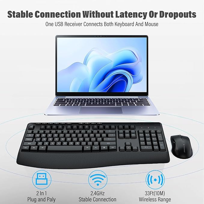 Wireless Keyboard and Mouse Combo,Silent Soft Touch Quiet Keyboard Less Noise 90%,Ergonomic with Wrist Rest,2.4GHz 104 Keys Full Size,2400 DPI Mouse,for Office/Work/Home/PC Computer/Laptop/Mac,Black