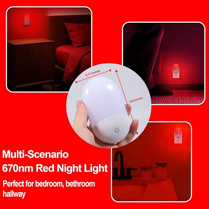670nm Red Light Night Light for Sleep Therapy[2 Pack] - Zero Blue Light, with Dusk to Dawn Sensor Auto On/Off LED Red Night Light Plug into Wall for Nursery Bedroom Bathroom