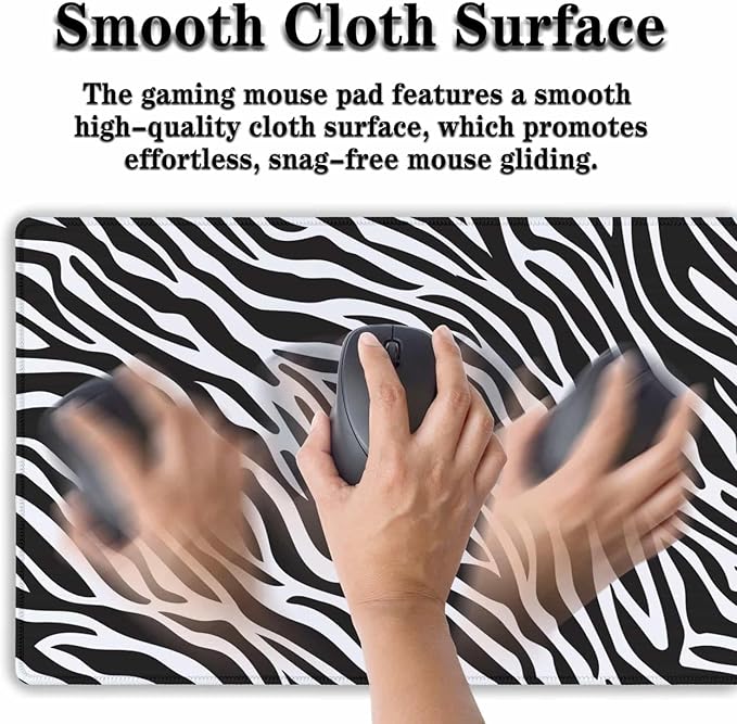 Desk Mouse Pad Black and White, Gaming Pad Big Mouse Pads, Ga Mouse Pad Non-Slip Rubber Base Waterproof with Stitched Edges, 35.4 X 15.7 inch for Work/Game/Office Trendy Zebra Skin Pattern