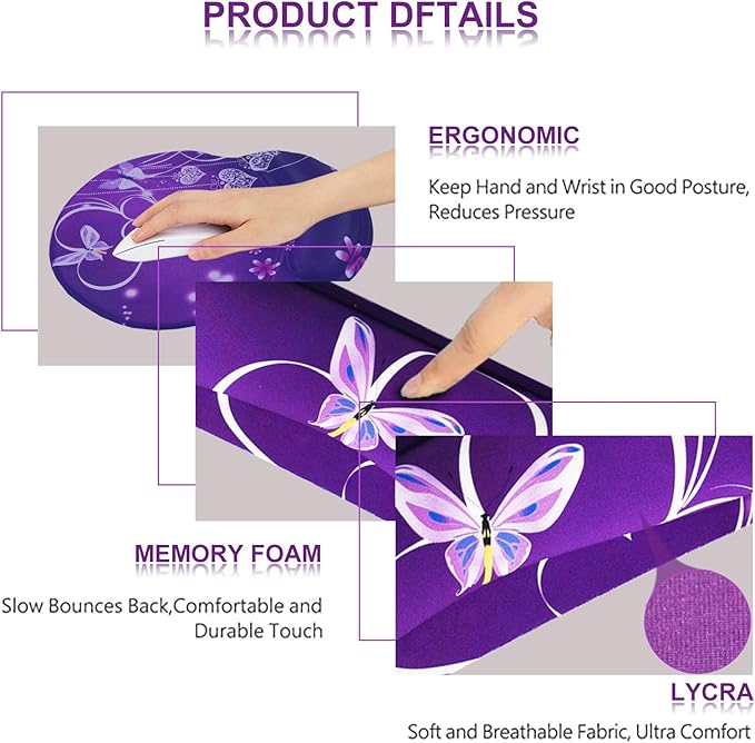 ArtSo Upgraded Wrist Rest Support for Mouse Pad & Keyboard, Ergonomic Gel Mousepad Non-Slip Rubber Base Home, Office Wrist Support, Easy Typing Cushion Neoprene, Soft Memory Foam, Purple Heart Butterfly