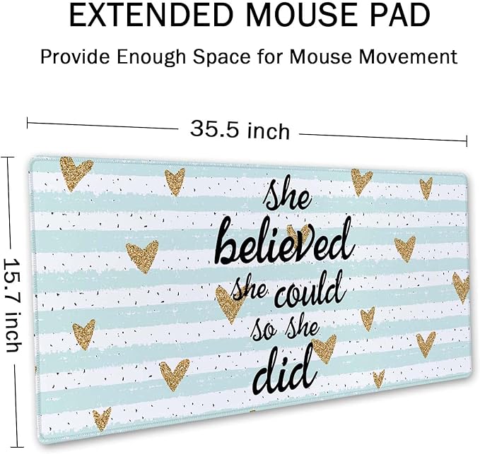 SSOIU Inspirational Quote Desk Mat,Large Mouse Pad 35.5" x 15.7" XXL Extended Gaming Mouse Pad Mat with Non-Slip Base Stitched Edge Mousepad for Computer,Office - She Believed she Could so she did