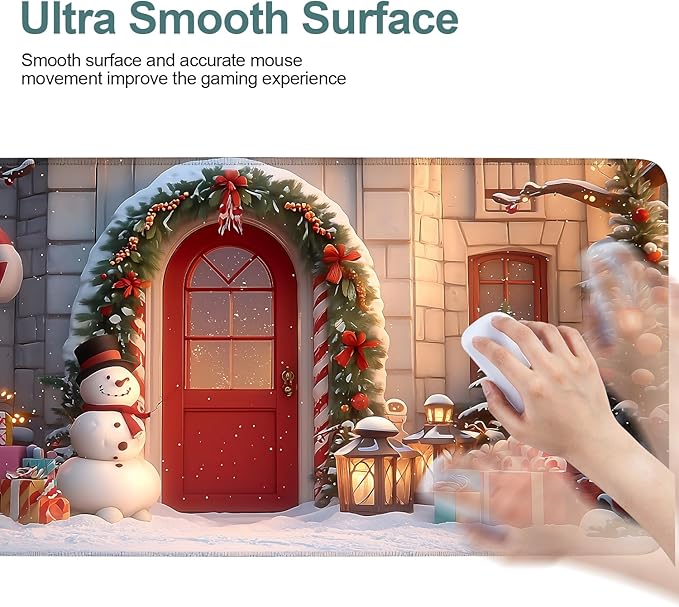 Christmas Scene Extended Gaming Mouse Pad 35.4x15.7Inch Large Desk Mat Anti-Slip Rubber Base & Durable Stitched Edges for Gamers Smooth Mouse Writing Surface for Desk Office/Home