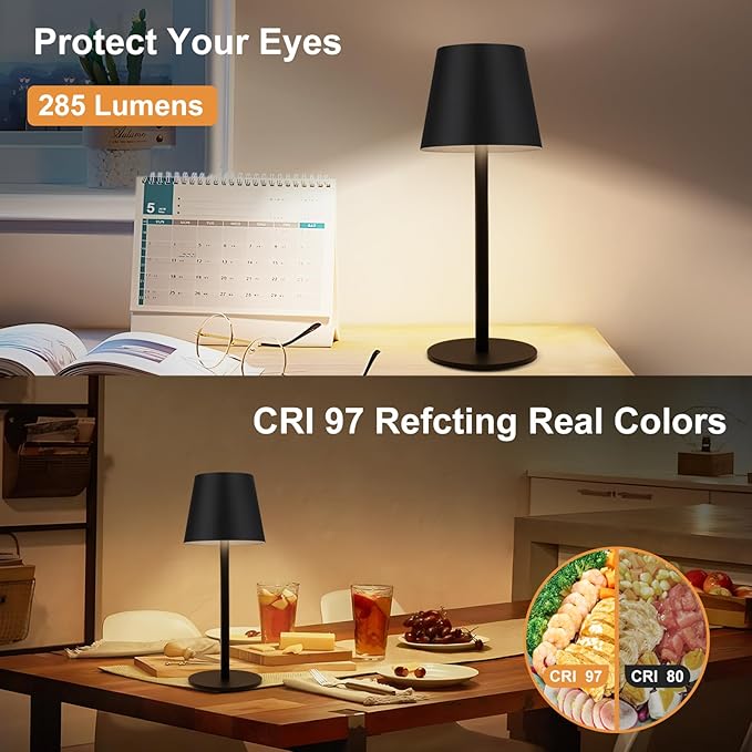 Black Cordless Table Lamp Set of 2 - 8-20 Inches Adjustable Height, 5000mAh Rechargeable Battery LED Desk Lamp, 3 Color Stepless Dimmable, Portable Waterproof Metal Table Light for Indoor/Outdoor