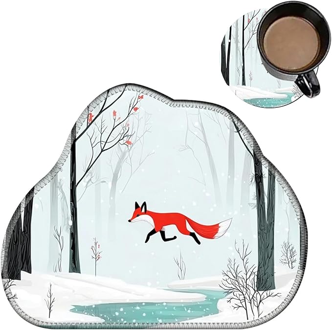 Cute Mouse Pad Plus 1 Coaster, Small Gaming Mouse Mat 11.8 x 9.45 inches, Travel Mouse Pads with Durable Stitched Edges Non-Slip Base, Winter Forest Fox Decor Mousepad for Office Home