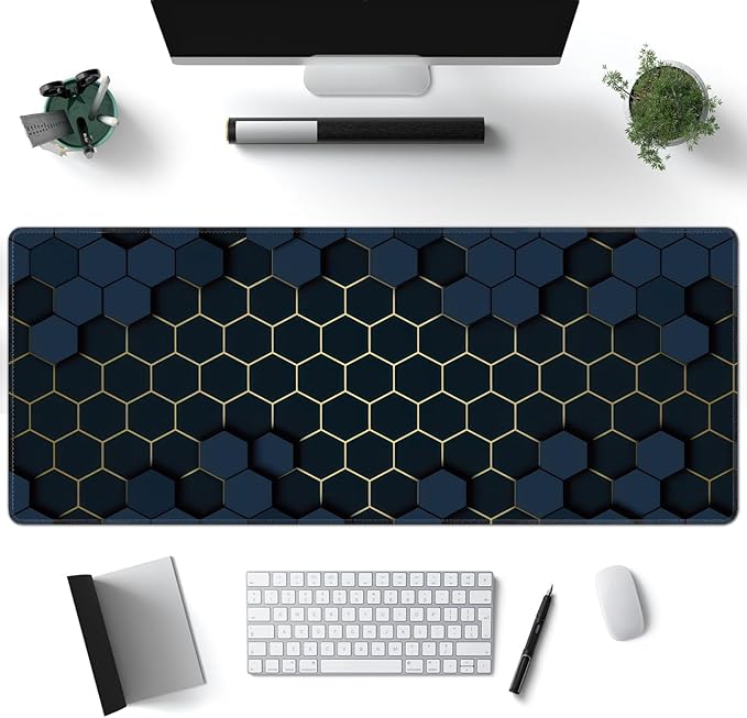 Desk Mat, Hexagon Gold Honeycomb XXL 35.4"x15.7"Large Gaming Mouse Pad, 3mm Thick Gaming Keyboard Pad,Desk Pad Non-Slip Rubber Base with Stitched Edges for Office Game Home Decor
