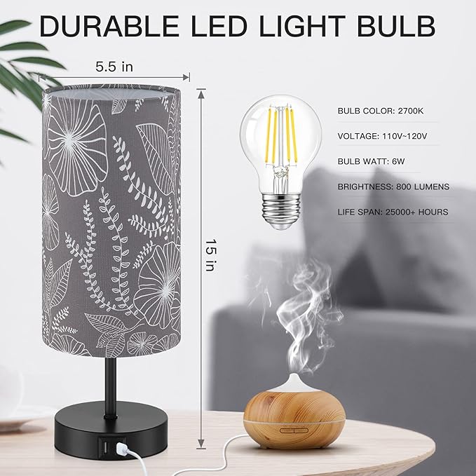 Touch Control Bedside Lamp with 2 USB Ports, 3-Way Dimmable Table lamp for Bedroom, Nightstand Lamp with Round Grey Fabric Shade for Living Room Home Office (E26 LED Bulb Included)