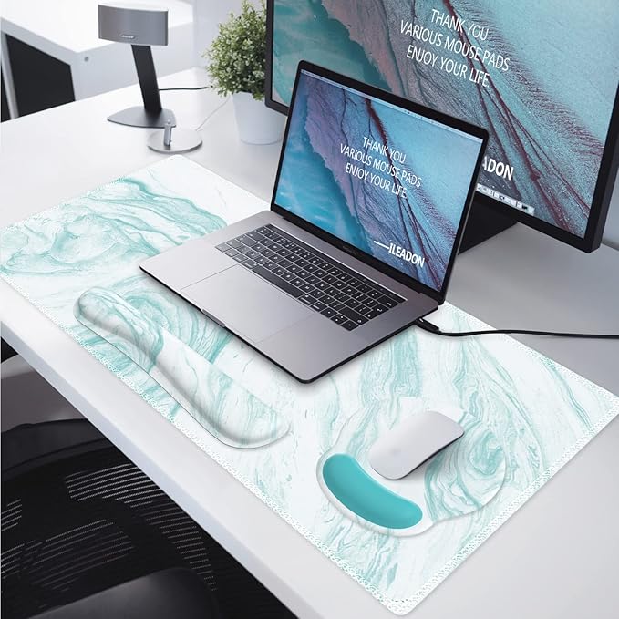 iLeadon Keyboard Mouse Pad Set, Large Gaming Mouse Pad + Keyboard Wrist Rest + Mouse Pad with Wrist Support + Coaster, Easy Typing, 4in1 Desk Mat Set for Home Office, Teal Turqoise Marble