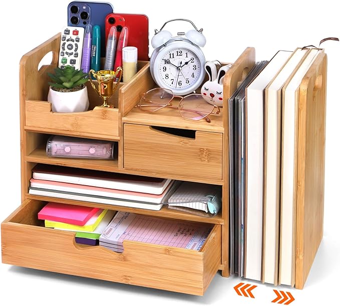 ZOOFOX Bamboo Desk Organizer with Adjustable File Holder, Mail Organizer Countertop with Drawer, 4-Tier Desktop Organization and Desk Accessories for Home Office School Supplies, No Assembly Required