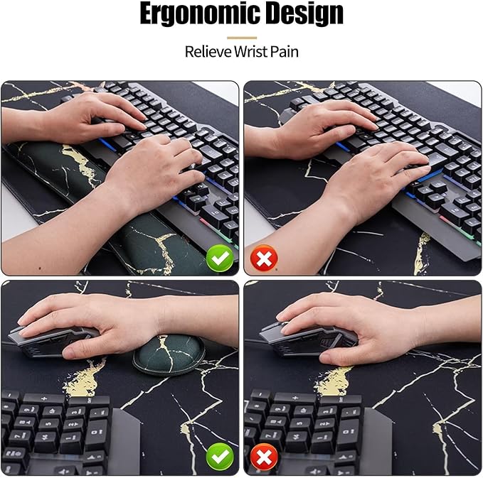 Bloss Ergonomic Mouse Pad and Keyboard Wrist Rest (4 Pcs), Non-Slip Desk Mat Protector, Desk Pad for Keyboard and Mouse, Large Gaming Mousepad-Black Marble (31.5×15.7 Inches)