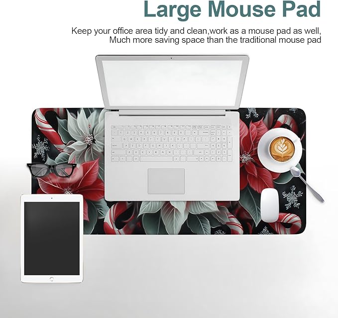 Christmas Flowers Extended Gaming Mouse Pad 31.5x11.8inches Large Desk Mat Anti-Slip Rubber Base & Durable Stitched Edges for Gamers Smooth Mouse Writing Surface for Desk Office/Home