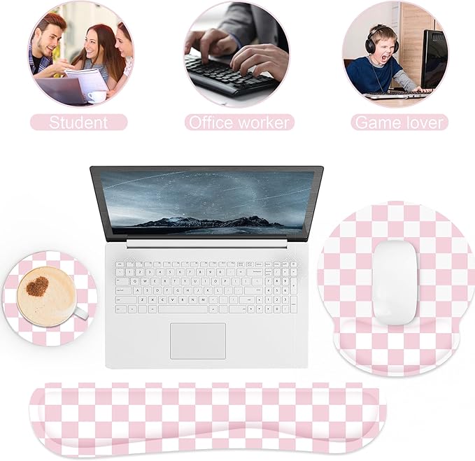Ergonomic Mouse Pad with Wrist Rest and Keyboard Wrist Rest, Mousepad and Wrist Rest for Computer Keyboard, Non-Slip Base, Mouse Pad with Wrist Support for Gaming, Office, Pink Checkered
