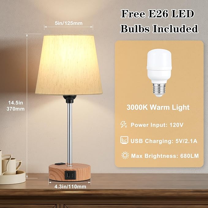Acaxin Bedside Lamps for bedrooms Set of 2 - Nightstand Bedroom Lamp with USB C Port and AC Outlet Charging, 3 Way Dimmable Touch Control Small Bed Side Table Lamp, Nightstand Light for Kids