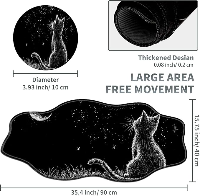 Black Cat Moon Large Gaming Mouse Pad Plus a Coaster, 35.4 x 15.7 inches Desk Mat Extended XXL Mousepad with Stitched Edge Non-Slip Rubber, Desk Pad Computer Mouse Mat for Home Office