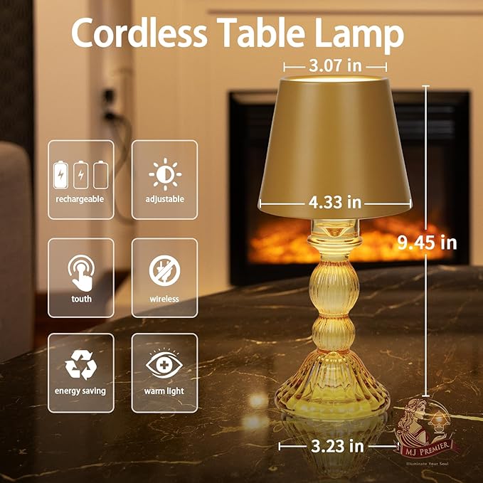 MJ PREMIER Cordless Table Lamp, Small Rechargeable Lamp with Touch Control, 9.5" H, 3 Color Stepless Dimming Battery Operated Lamps for Bedroom/Living Room/Bathroom/Kitchen/Corner/Entryway (Yellow)