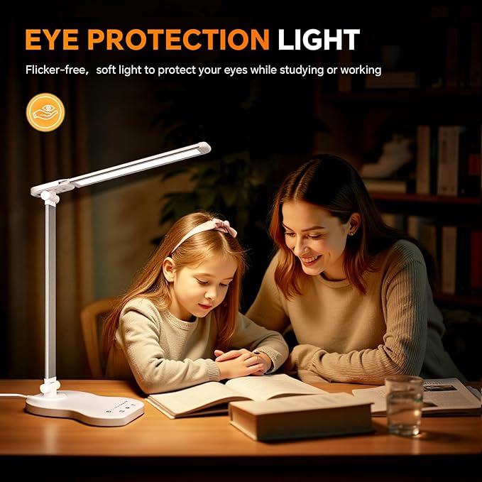Desk Lamps for Home Office, Dimmable LED Desk Lamp, 5 Color Modes, 10 Brightness, Touch Desk Light with USB Charging Port for Nail Craft Puzzle Sewing Study - White