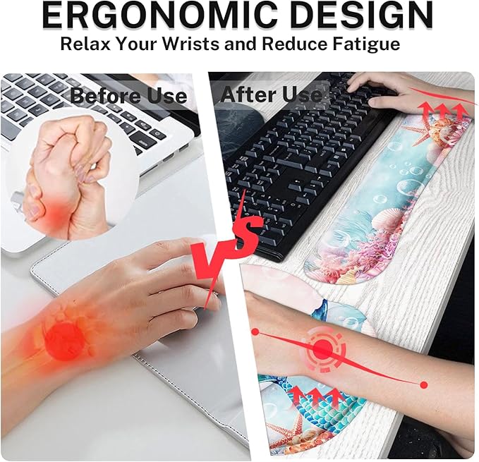 Britimes Pink Cute Deep Sea Mermaid Ergonomic Mouse Pad Set with Wrist Rest Non-Slip Rubber Base Wrist Cushion Support and Coasters Mousepad with Wrist Support for Computer Keyboard and Desk