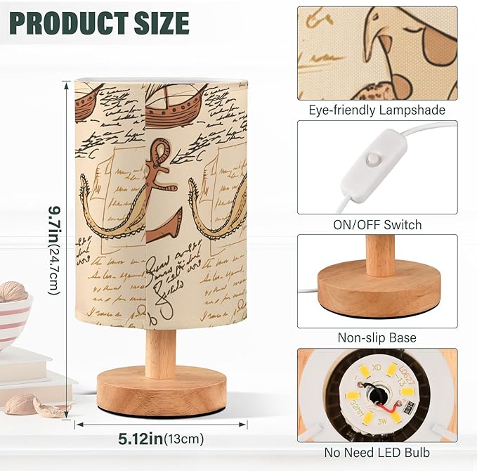 Retro Nautical LED Table Lamp, Bedside Lamp with Linen Lampshade, Flicker-Free Eye Care USB Plug in Nightstand Lamp, for Bedroom and Office