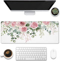Desk Mat,Peony Flowers and Eucalyptus Leaves Large Gaming Mouse Pad for Desk XL,Pink Floral Desk Pad,Extended Big Computer Keyboard Mouse Pad with Non-Slip Base Stitched Edges 31.5"x11.8"