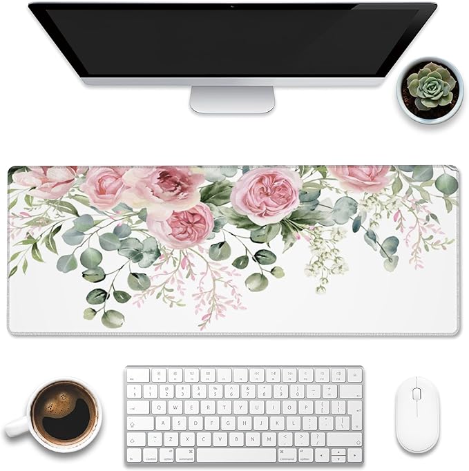 Desk Mat,Peony Flowers and Eucalyptus Leaves Large Gaming Mouse Pad for Desk XL,Pink Floral Desk Pad,Extended Big Computer Keyboard Mouse Pad with Non-Slip Base Stitched Edges 31.5"x11.8"