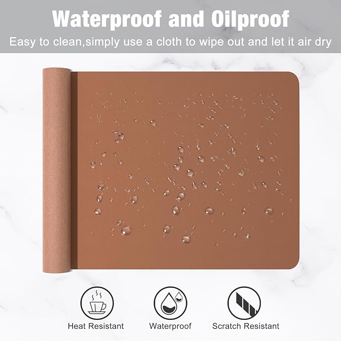 Hsurbtra Desk Pad, 23.6" x 13.8" PU Leather Desk Mat, M Extended Mouse Pad, Waterproof Desktop Blotter Protector, Non-Slip Ultra Thin Small Laptop Keyboard Writing Mat for Office Home, Dark Apricot