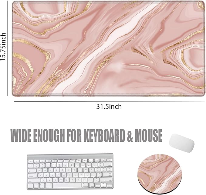 Gaming Mouse Pad Large Mousepad Pink Marble Desk Mat XXL Big Desk Pad 31.5x15.75 Rubber Base Computer Pad with Stitched Edges Mouse Mat for Work Game Home Office
