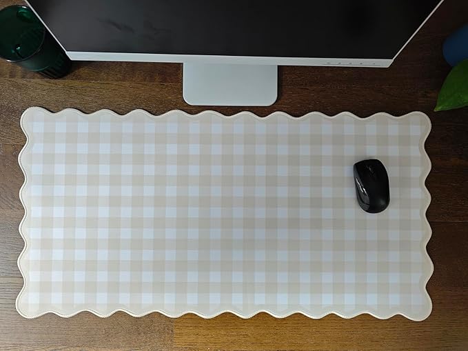 Scalloped‌ Beige Checkered Gingham Desk Mat Cute Pastel Large Mouse Pad Kawaii Cottagecore ‌Vintage‌ Rustic Keyboard Pad Computer Mat for Desktop Aesthetic Cozy Office Desk Decor