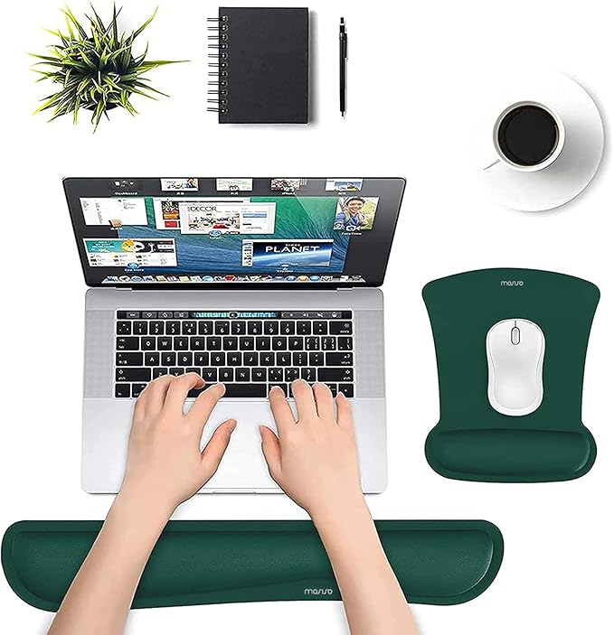 MOSISO Wrist Rest Support for Mouse Pad & Keyboard Set, Ergonomic Mousepad Non-Slip Base Home/Office Easy Typing Cushion with Neoprene Cloth & Raised Memory Foam, Peacock Green