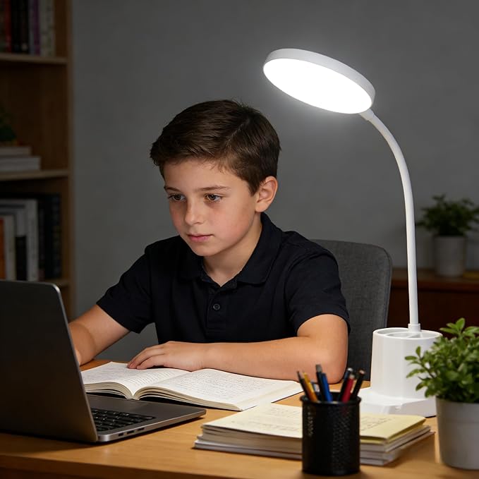 LED Desk Lamp for Home Office, 360° Rotating Gooseneck Small Table Lamp with USB Charging Port, Eye-Care Reading Dimmable Desk Light with Pen Phone Holder, 12 Colored Pencils, White