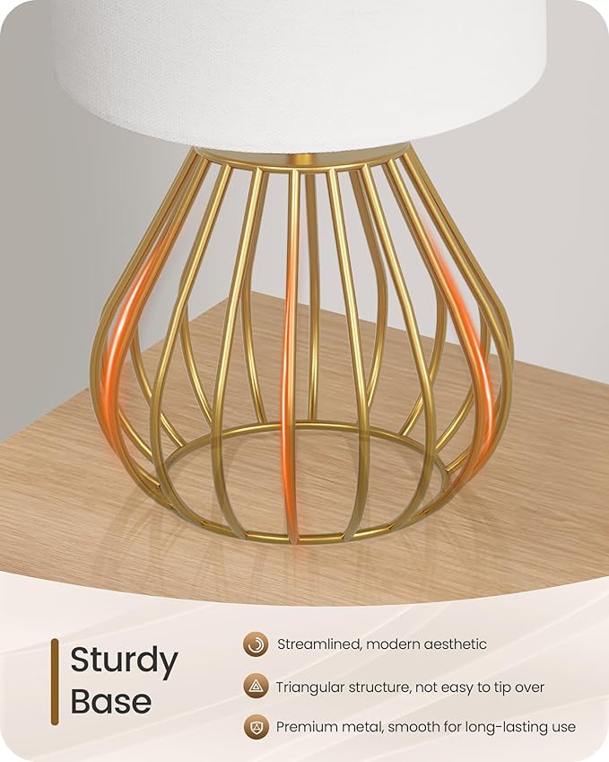 Gold Table Lamp, Small Gold Bedside Lamp with Metal Base & White Linen Lampshade, Modern Nightstand Lamp, Little Cute Desk Lamp for Bedroom, Living Room, 2700K LED Bulb Included, DCW06TL05