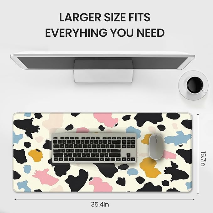 XXL Gaming Mouse Pad, Colored Spots Design, 35.4 x 15.7 Inches, Microfiber Cloth, Non-Slip Rubber Base, Rectangular Extended Desk Mat