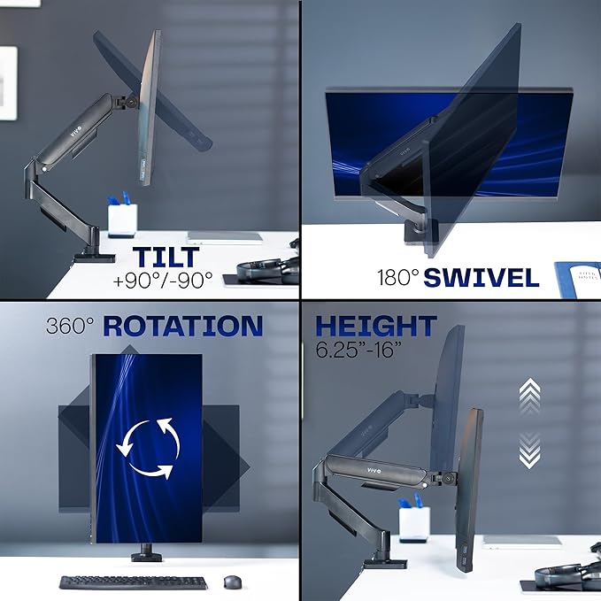 VIVO Single Monitor Stand, Fully Adjustable Arm for 17 to 32 inch Screen, Mechanical Articulating Desk Mount, Gaming and Office Setups, VESA 75x75, 100x100, Max 19.8 lbs, Classic, Black, STAND-V001O