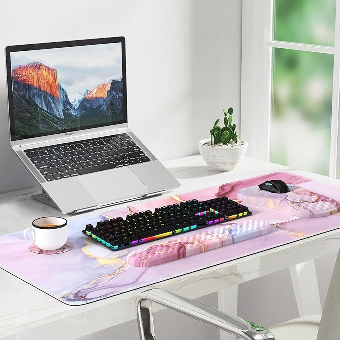 Pink Desk Mat, Large Mouse Pad with Wrist Rest, Ergonomic Keyboard Wrist Support, Carpal Tunnel Mousepad XXL Cushion with Coaster Set, Computer Keyboard Mat, Pink Marble