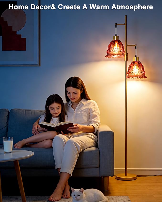 Gold Dimmable Floor Lamp for Living Room, 2-Light 65IN Tall Standing Lamps with Rose Red Glass Lampshade, 3000K Warmwhite Mid Century Modern Floor Lamp for Bedroom/Home Office/Corner