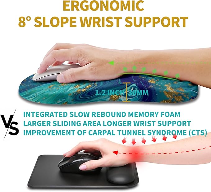 Hokafenle Ergonomic Mouse Pad Wrist Support, Wrist Rest Mousepad for Carpal Tunnel with Integrated Memory Foam Slope Massage Bulge (11.8x7.9 inch,Blue Gold)