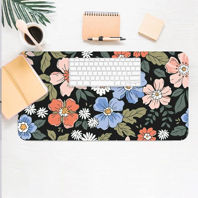 Desk Mat Large Protector Pad 31.5" ×15.7", Non-Slip PU Leather Desk Blotter, Waterproof Mouse Pad for Office Home Wildflower