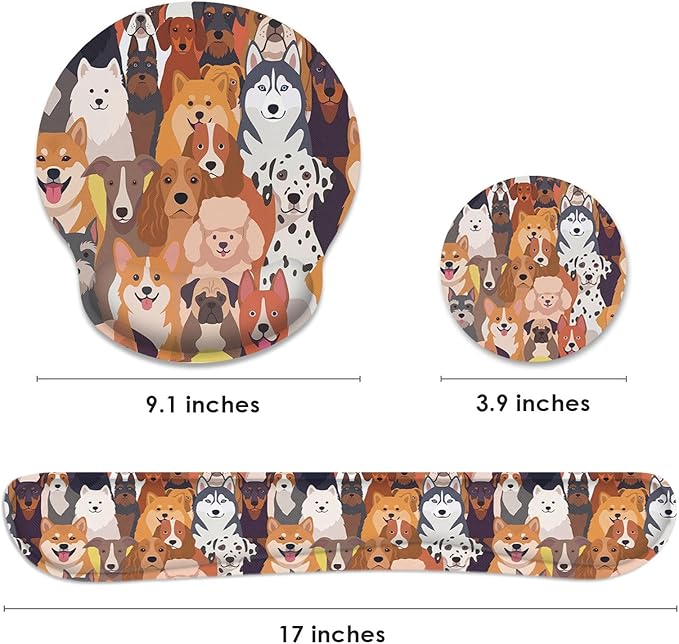 Britimes Ergonomic Mouse Pad Set with Wrist Rest Colorful Doodle Dogs Non-Slip Rubber Base Wrist Cushion Support and Coasters Mousepad with Wrist Support for Computer Keyboard and Desk