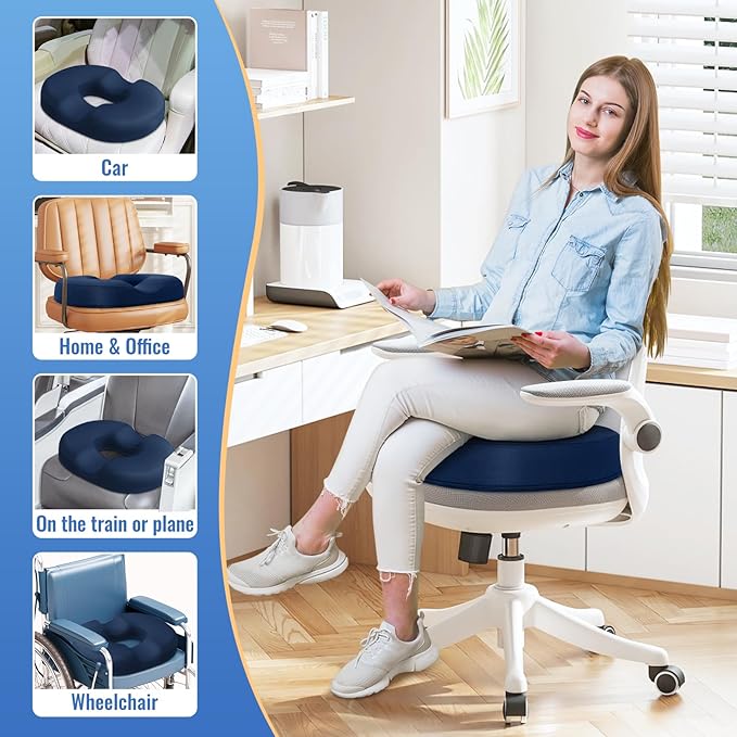 CloudBliss Donut Pillow Seat Cushion for Coccyx & Tailbone Support, Memory Foam Seat Chair Cushion for Postpartum Pregnancy, Seat Cushions for Men and Women for Home & Office, (Blue-XL)
