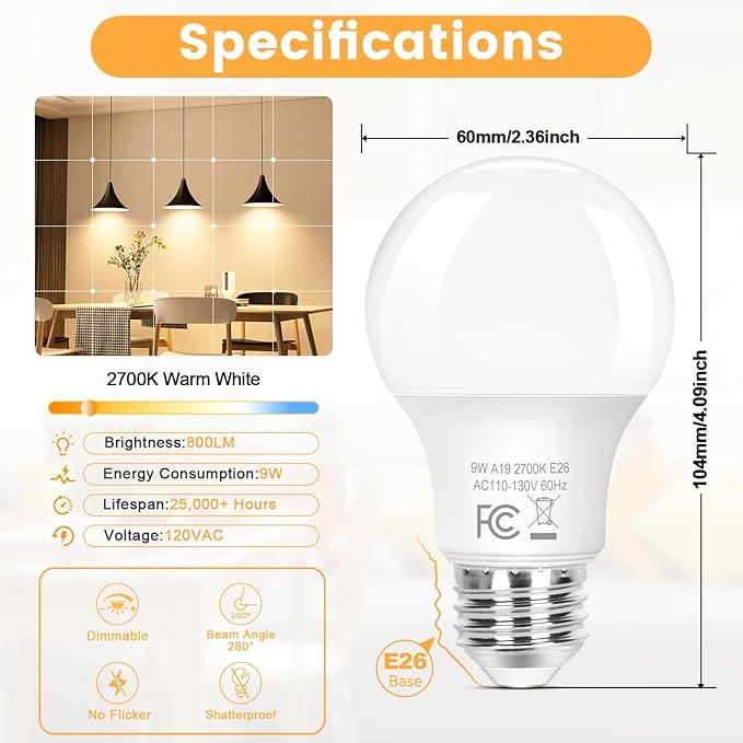Brightever a19 led Bulb 60w Equivalent, LED Light Bulbs Dimmable, Energy Efficient 9W, 2700K Soft White Light Bulb, 800 Lumens, E26 Standard Base for Bedroom Living Room Home Office Lamp, 8-Pack